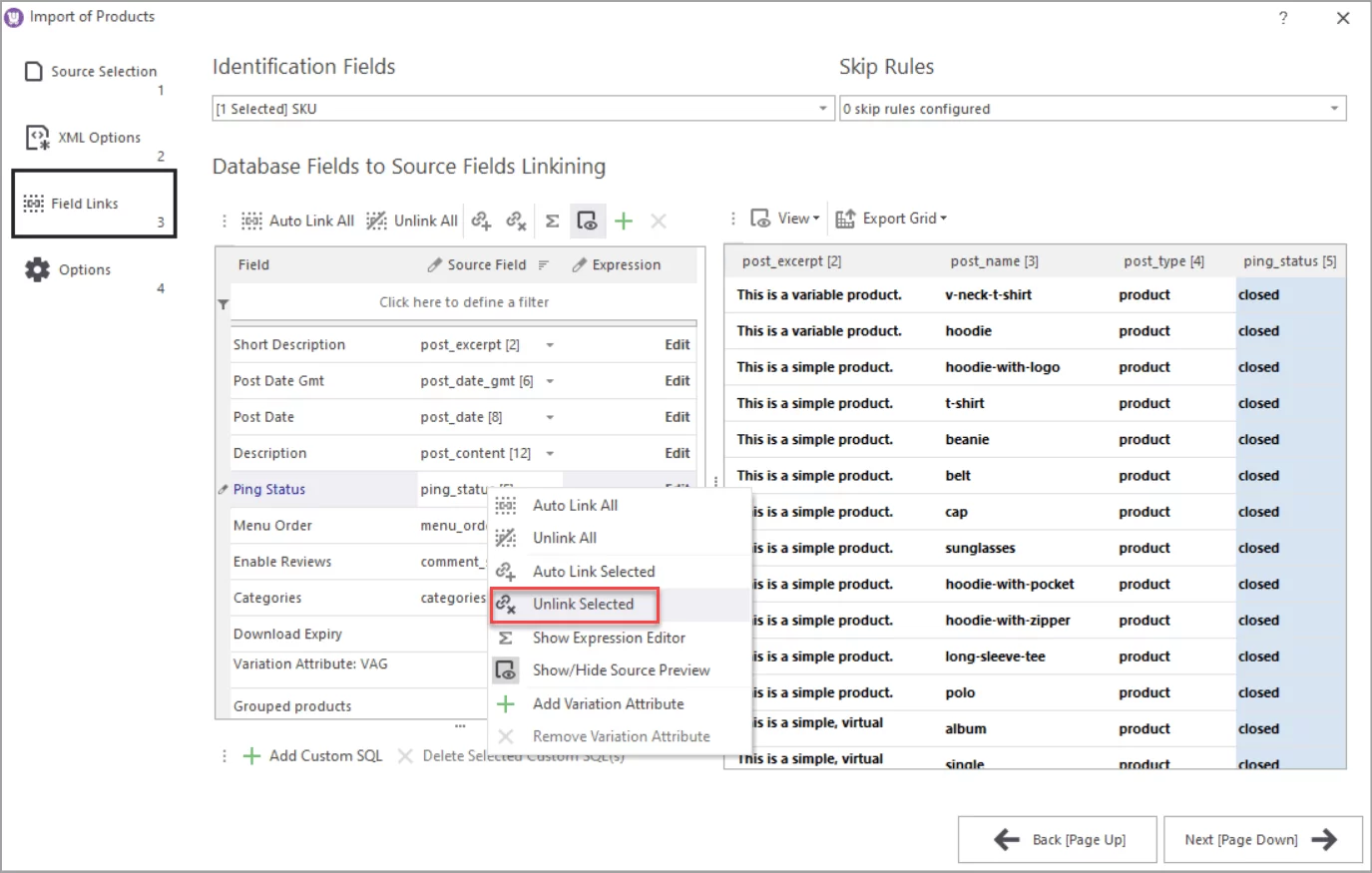 WooCommerce Store Manager XML import Mapping Unlink