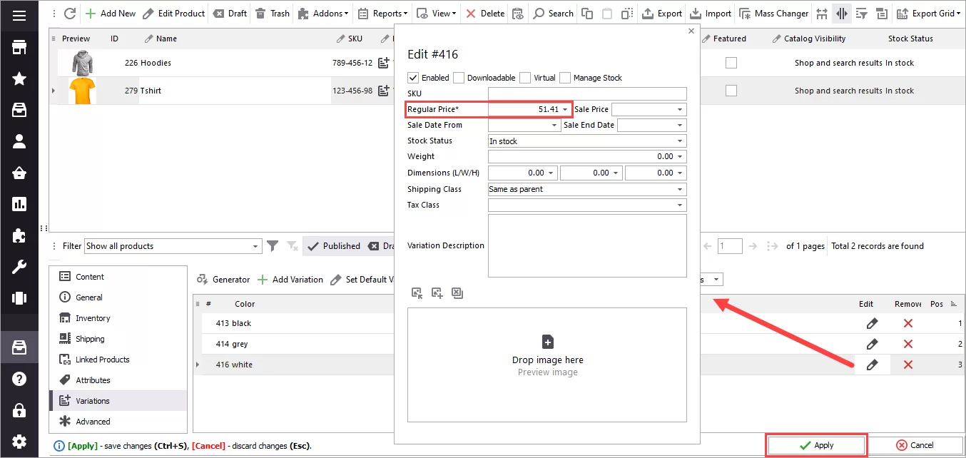 WooCommerce Store Manager Preview Apply Variation Price