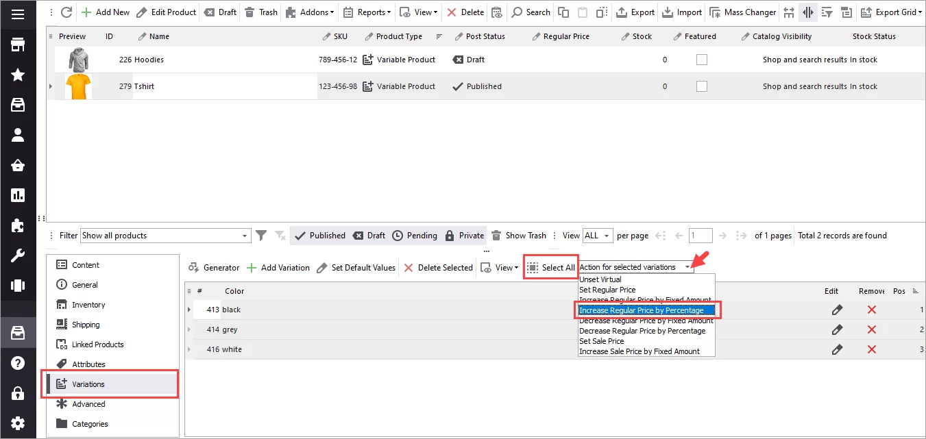 WooCommerce Store Manager Select All Variaitions