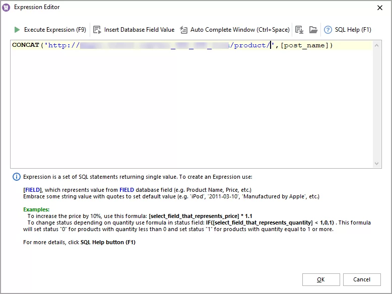 WooCommerce URL export Concat Expression
