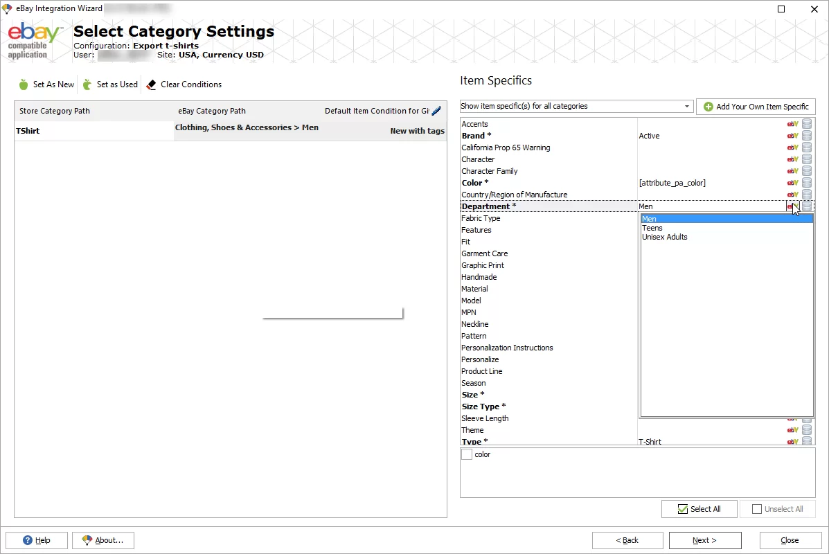 eBay export category item specifics