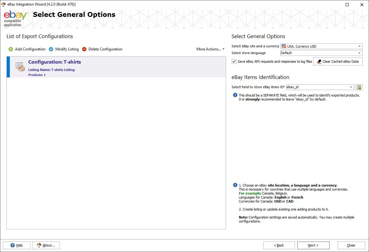 eBay export general options
