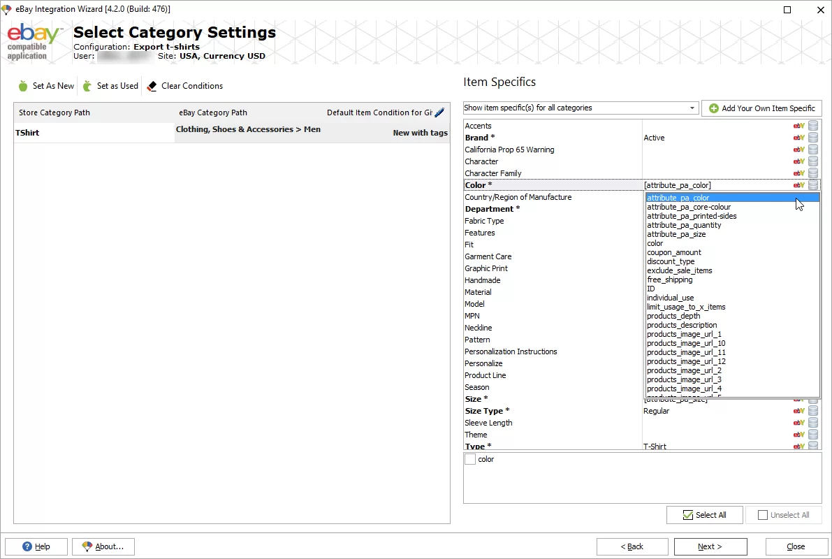 eBay export item specifics link database field