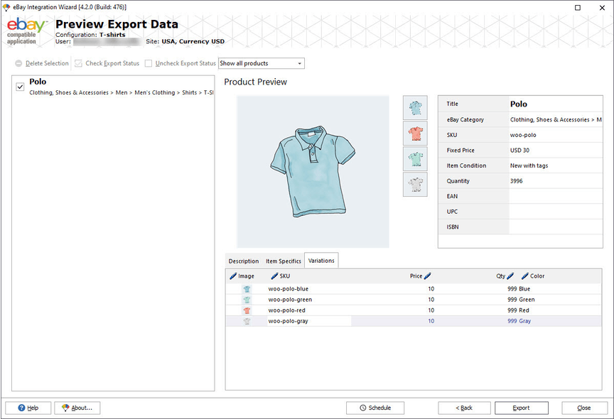 eBay export preview