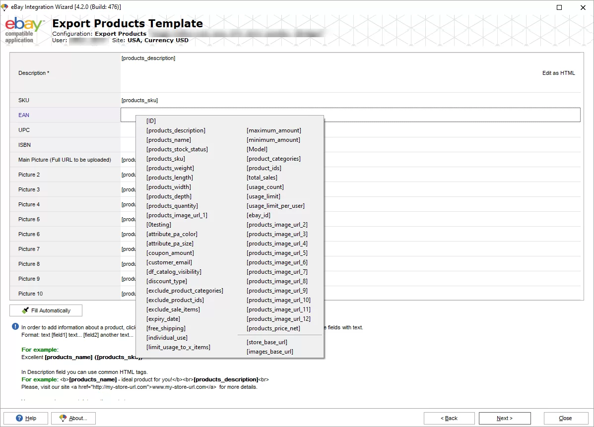 eBay export template database fields