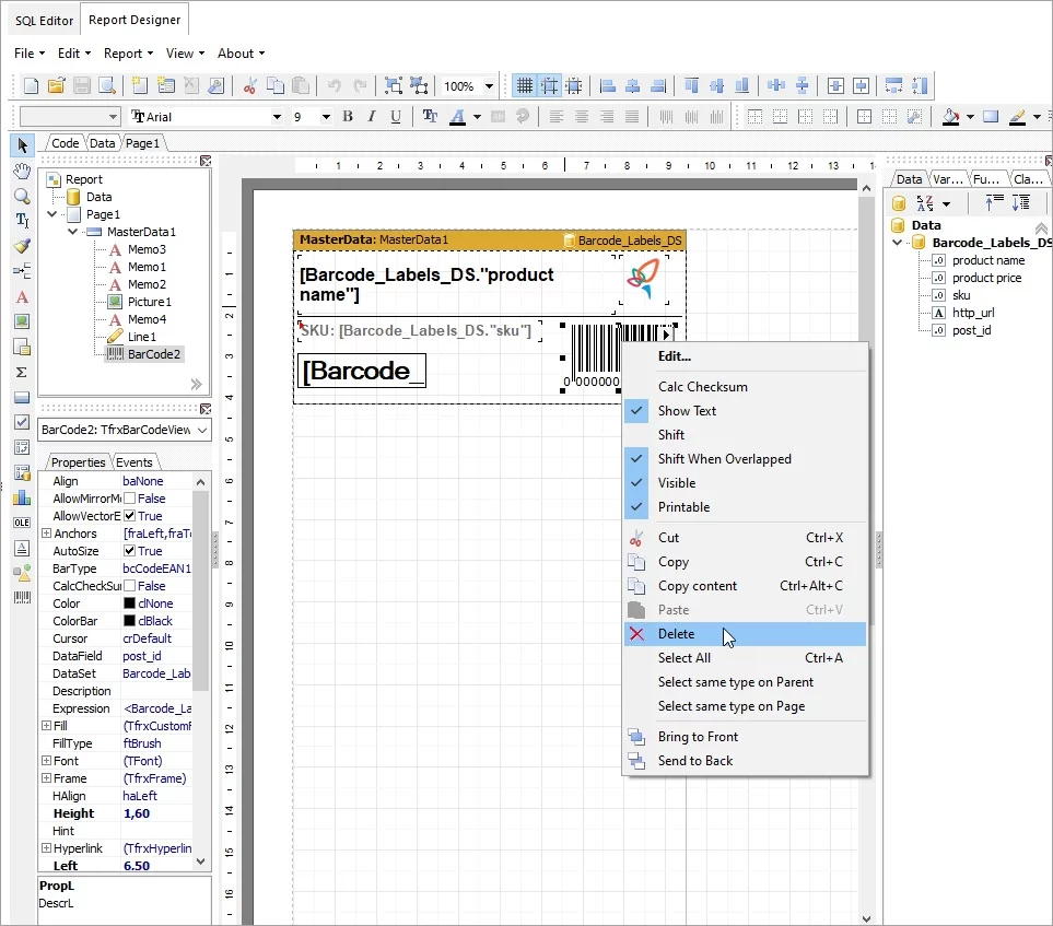 Deleting the barcode image from the label