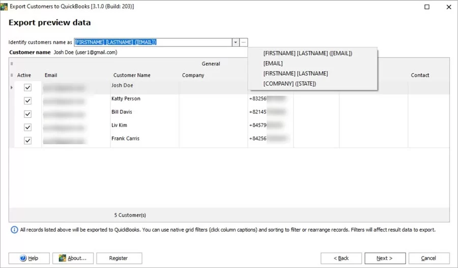 WooCommerce Store Manager QuickBooks Export Customers Preview