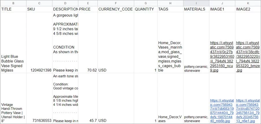 Etsy Export CSV Listing Sample