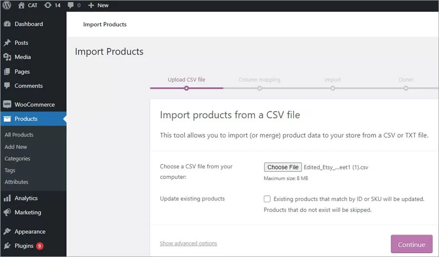 Etsy to WooCommerce Import File Select