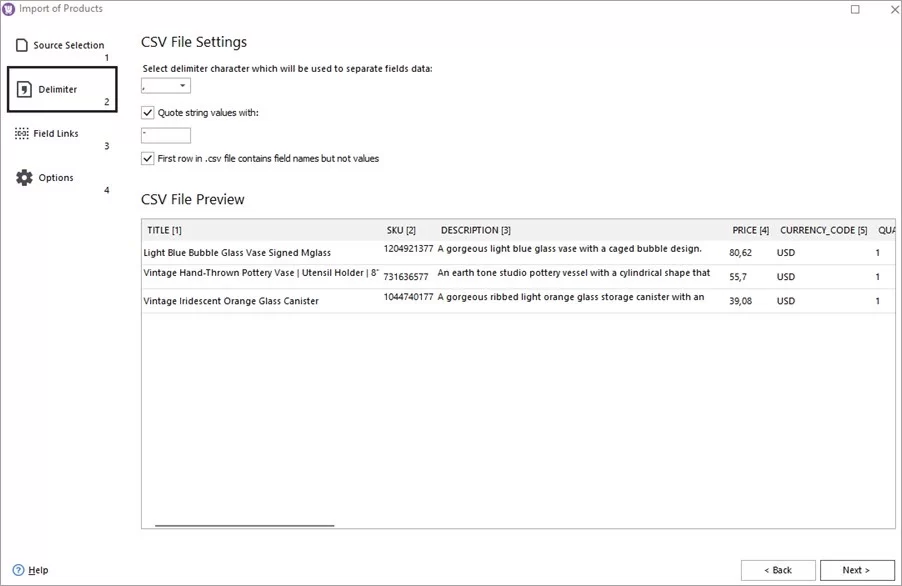 Woocommerce Store Manager Import Etsy Select Delimiters