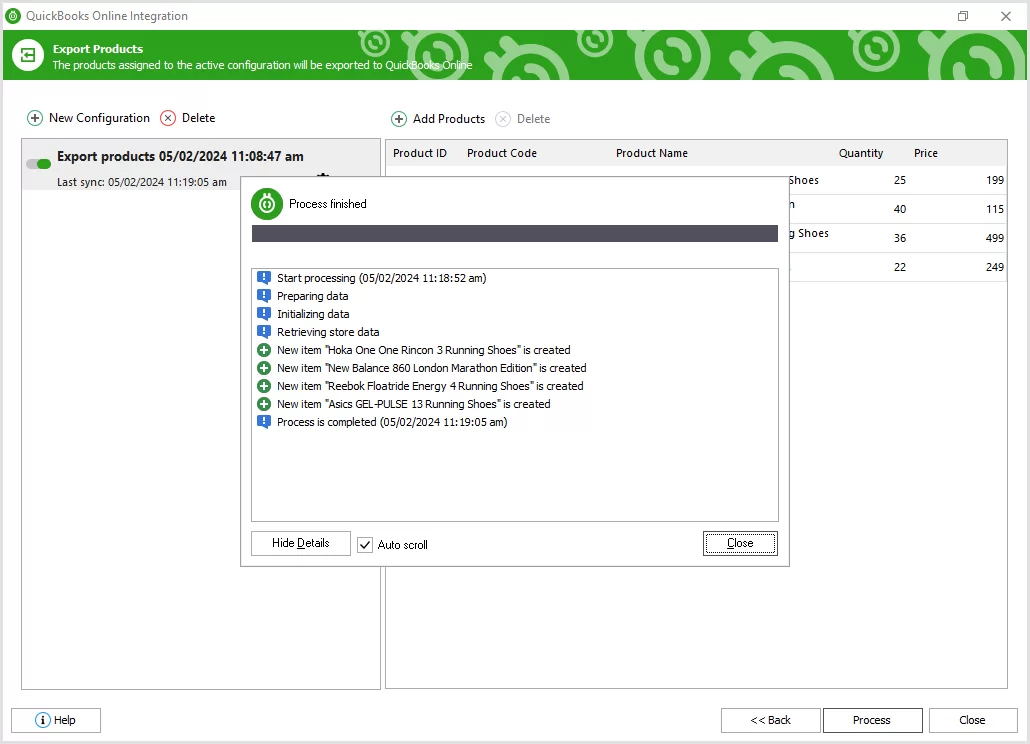 Result of WooCommerce Product Export to QuickBooks Online
