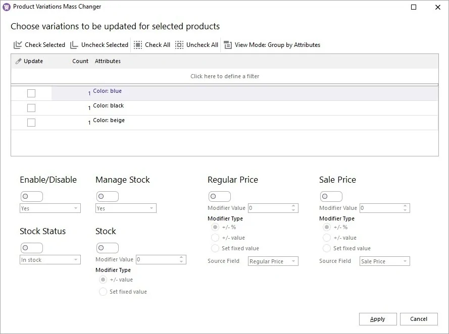 Mass Variation Changer in Store Manager for WooCommerce