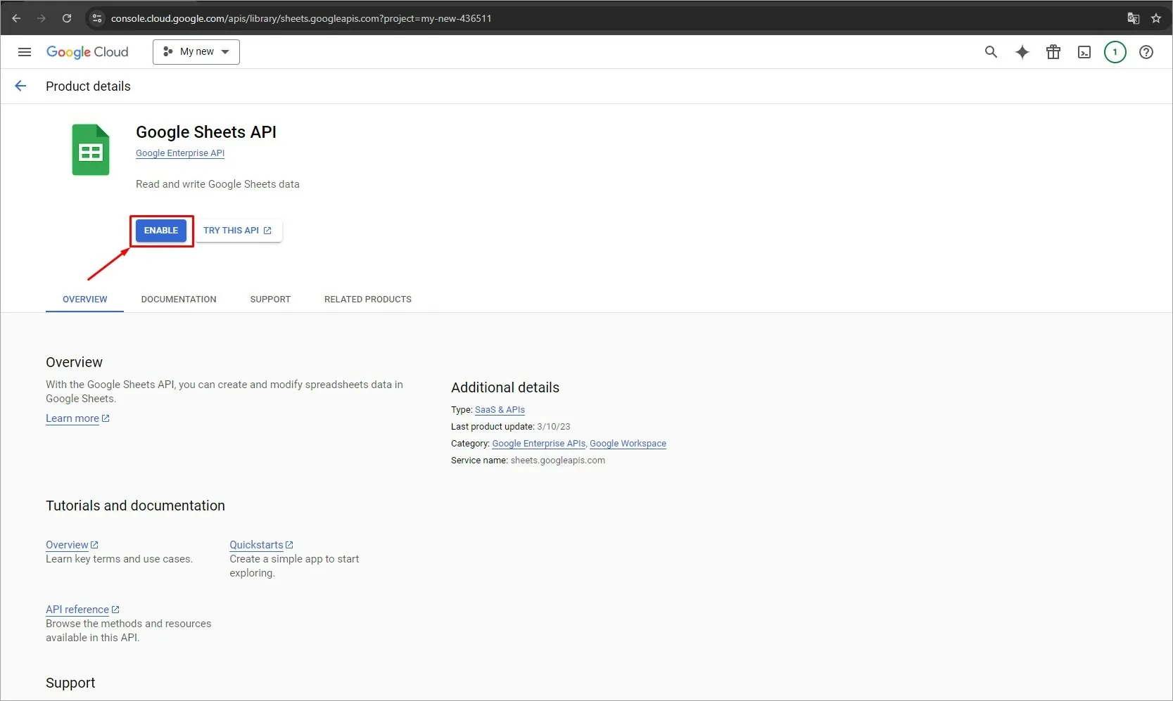 Enabling Google Sheets API