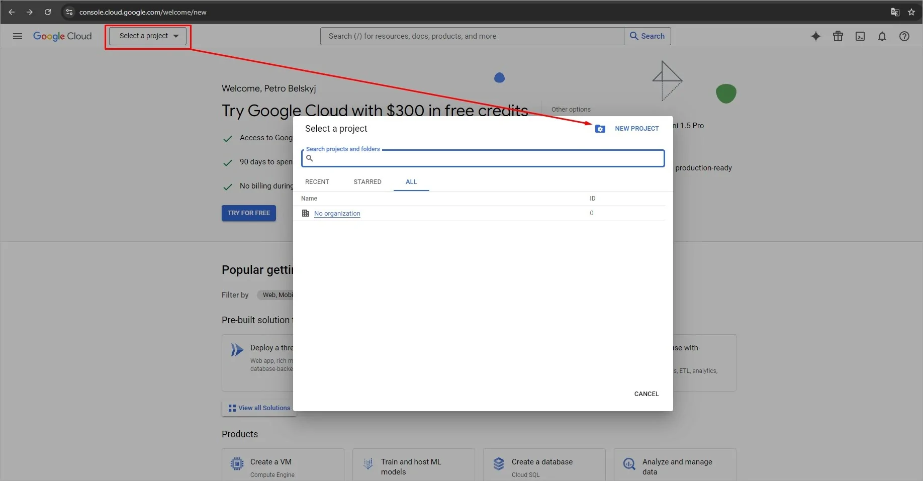 Selecting a Project on Google Cloud