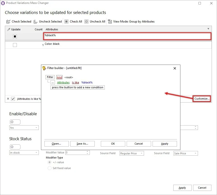 Attribute Filtering in WooCommerce Mass Variation Changer