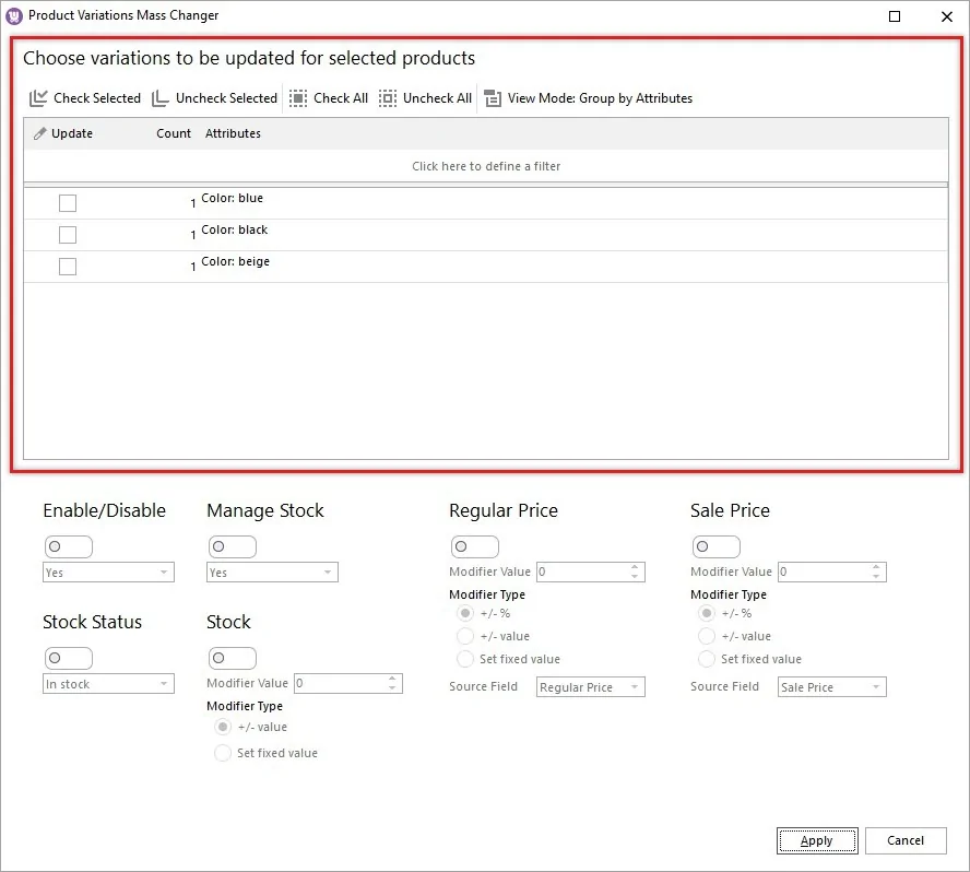 Attribute Selection for an Update in WooCommerce Mass Variation Changer