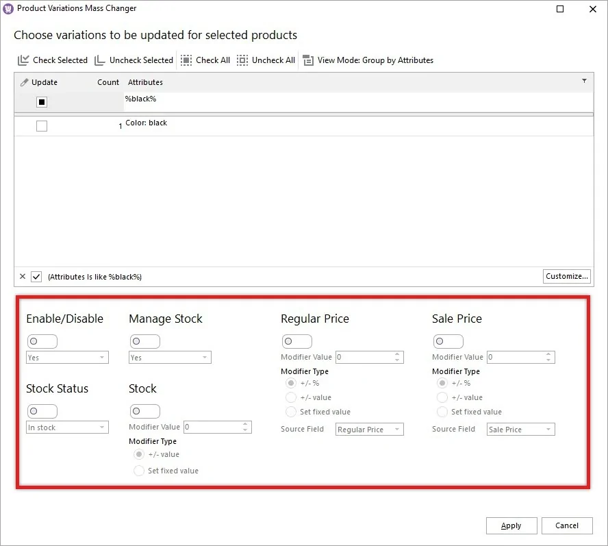Fields for Bulk WooCommerce Variations Edit