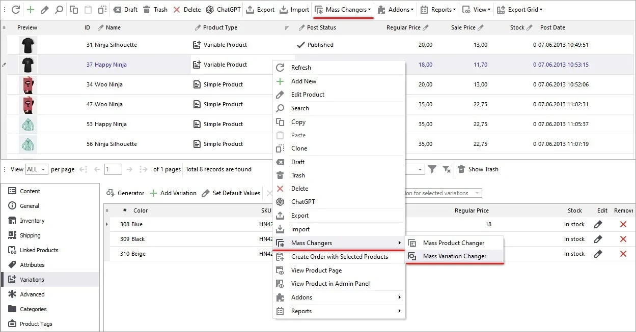 Mass Variation Changer in Store Manager for WooCommerce