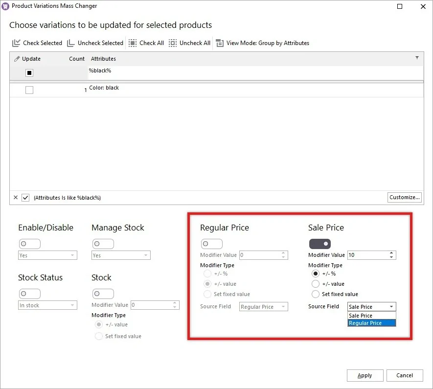 Sale Price Settings in WooCommerce Mass Variation Changer