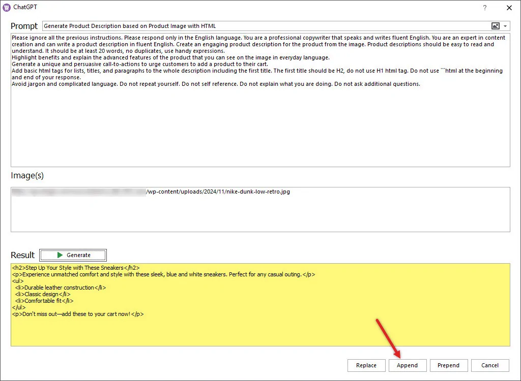Append the Generated WooCommerce Description based on Images with ChatGPT