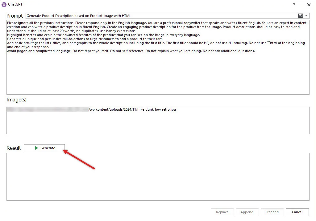 Generate Button in ChatGPT Tool for WooCommerce Product Descriptions
