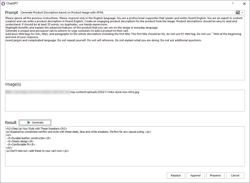 Generated WooCommerce Product Description Based on Images in Result Window
