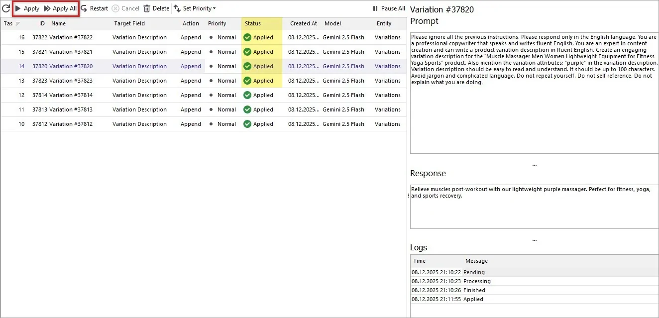 Applied WooCommerce Variation Description Generated by Name and Attribute with Gemini