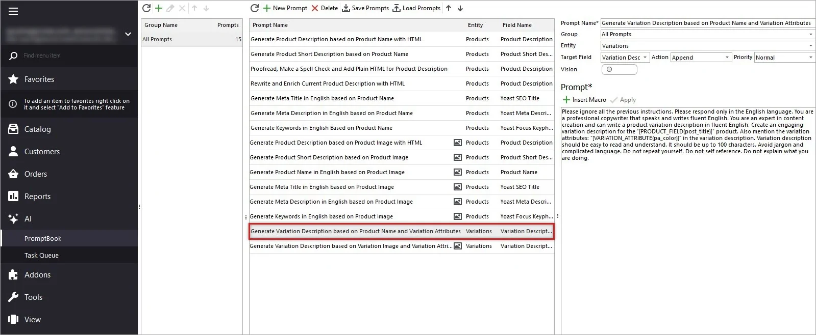 Gemini Prompt for Generating Variation Description Based on Product Name and Attributes