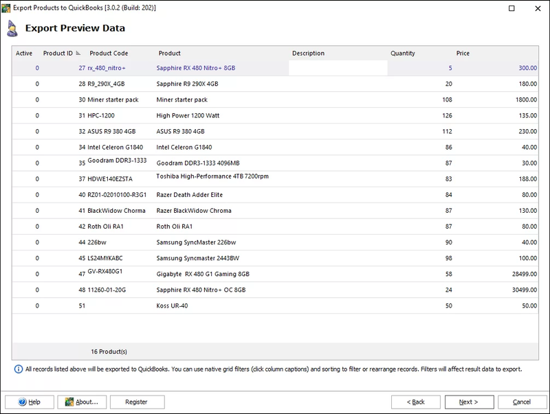 QuickBooks Product Export Preview