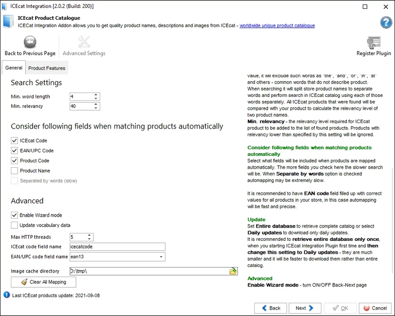 ICEcat General and Advanced Settings